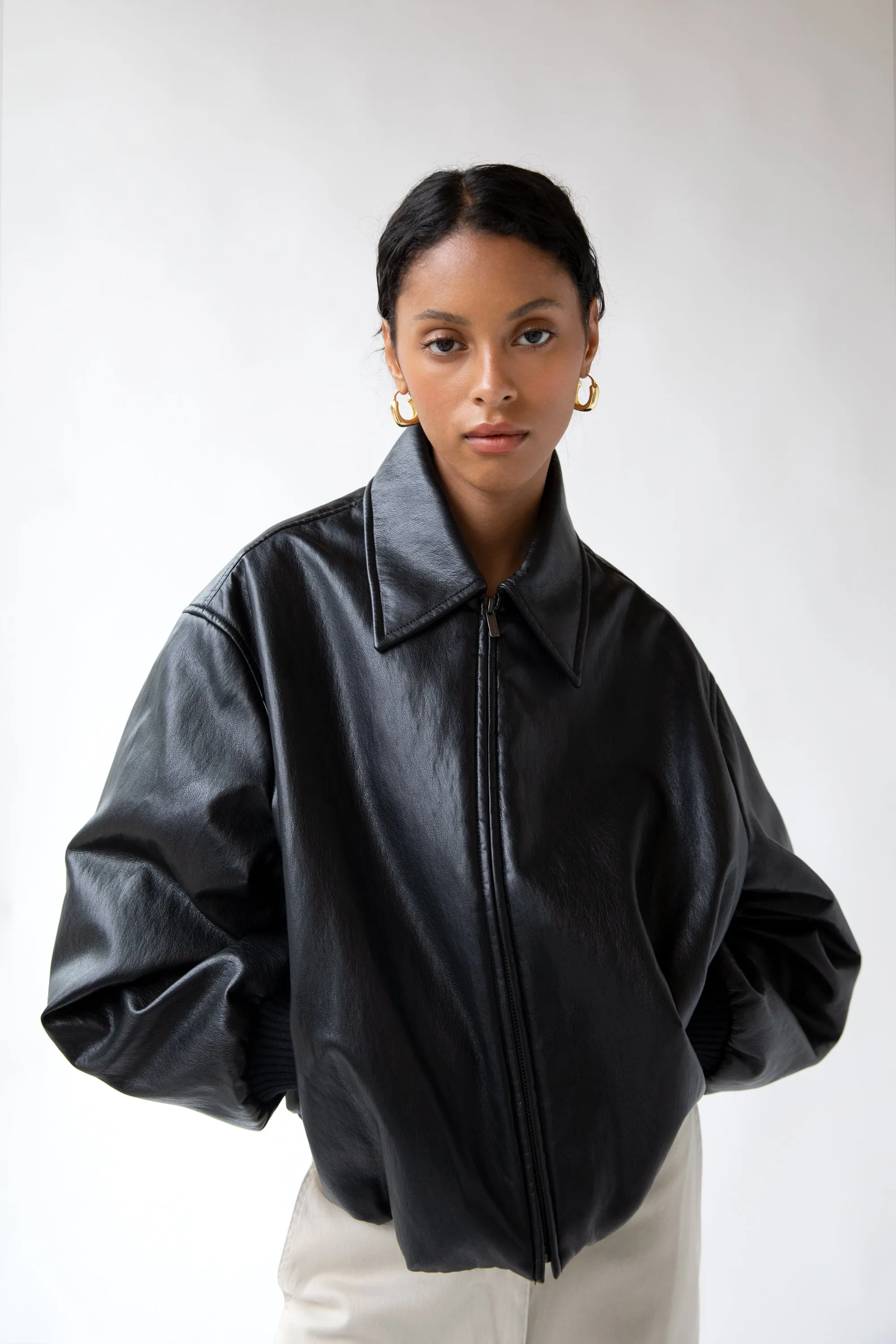 VEGAN LEATHER BUBBLE HEM BOMBER JACKET