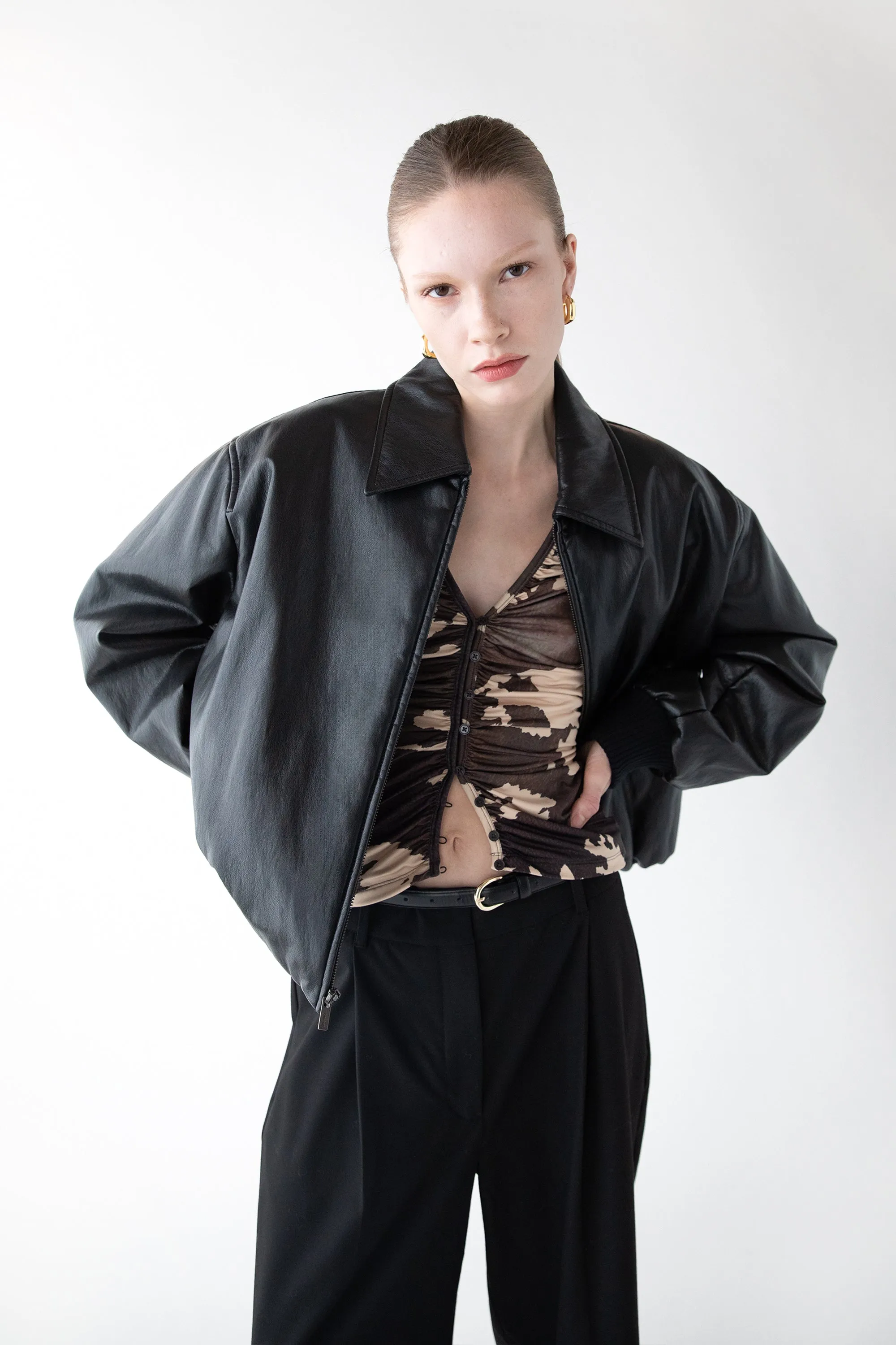 VEGAN LEATHER BUBBLE HEM BOMBER JACKET
