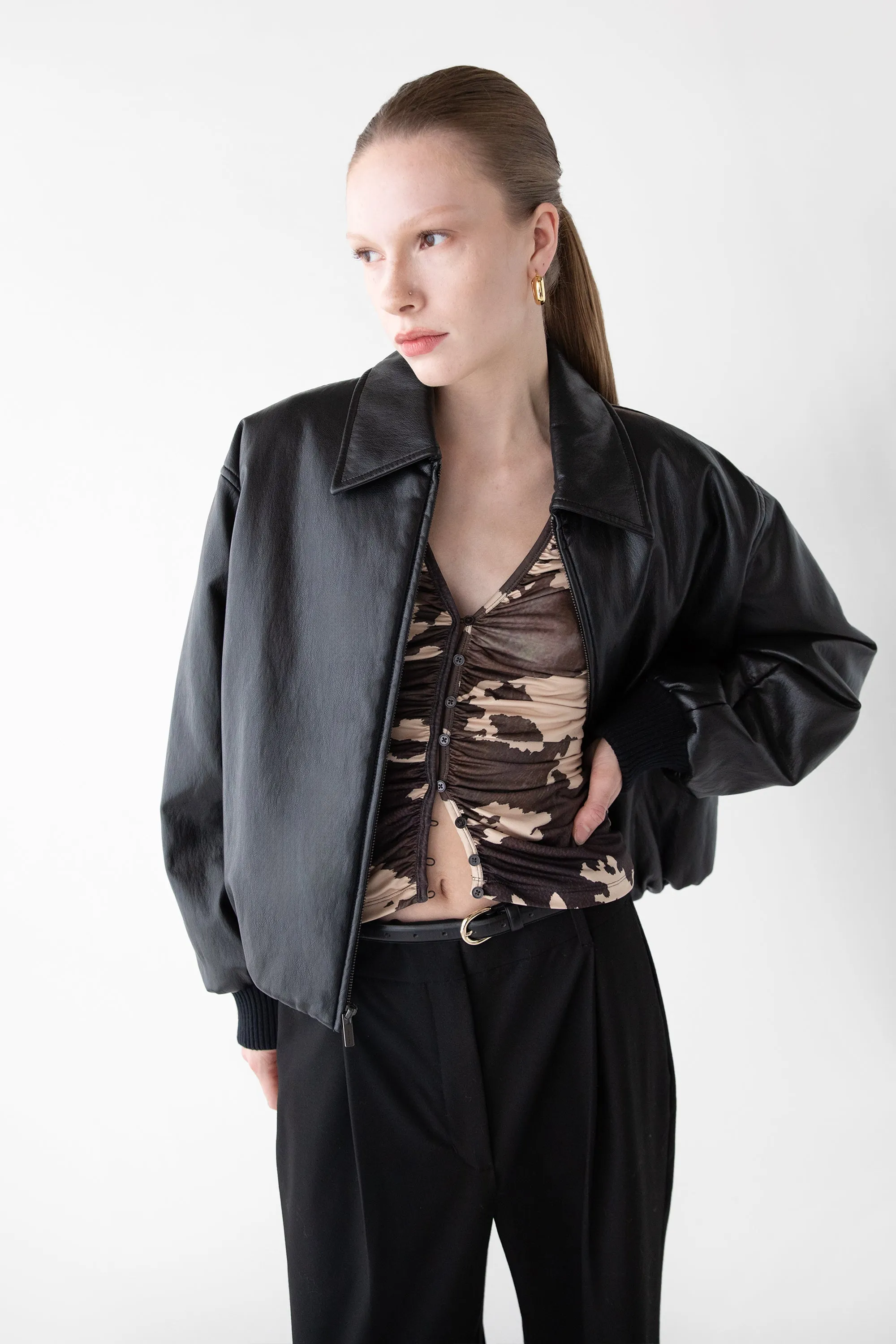 VEGAN LEATHER BUBBLE HEM BOMBER JACKET