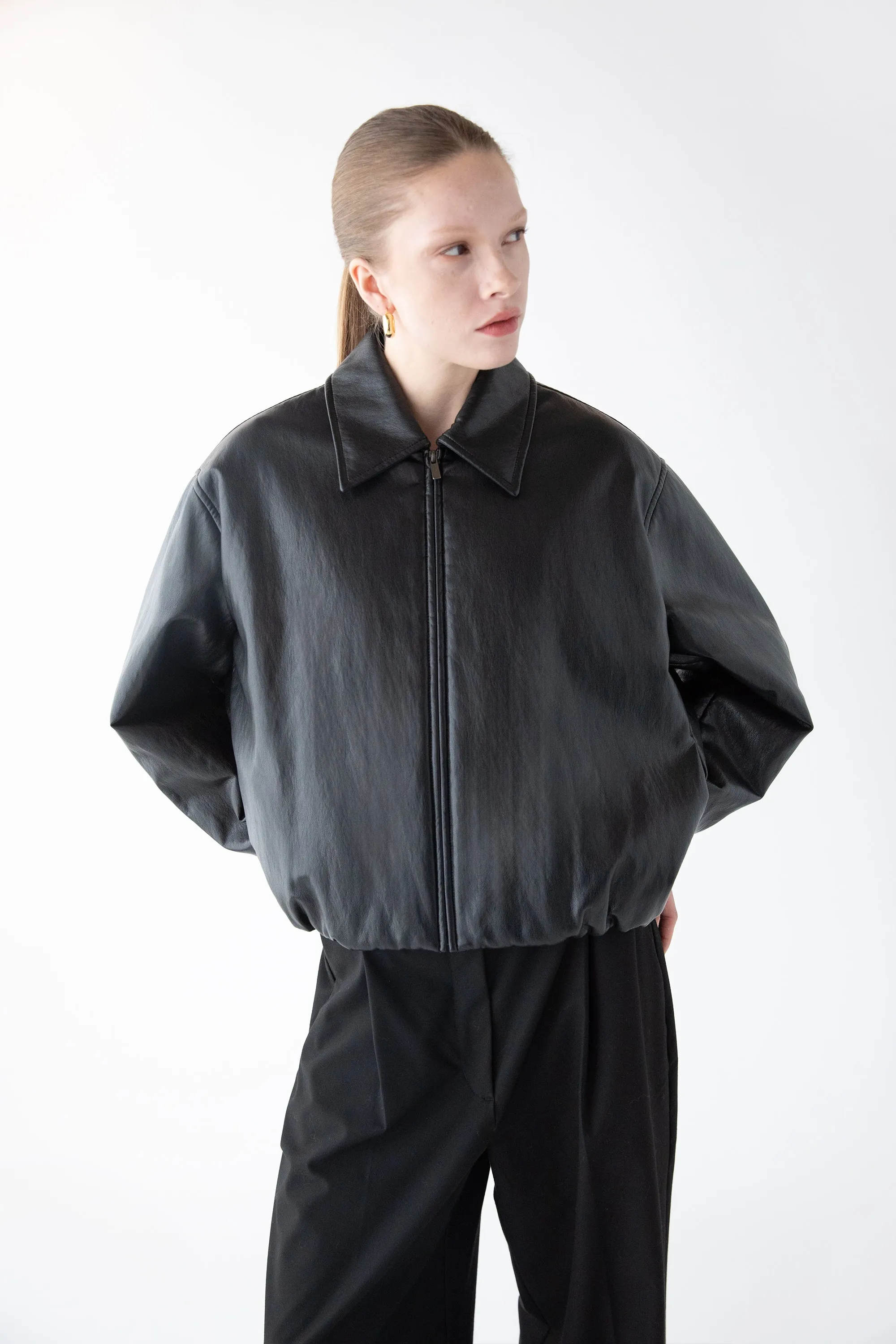 VEGAN LEATHER BUBBLE HEM BOMBER JACKET